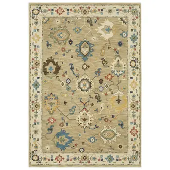 3' X 5' Beige Dark Orange And Blue Oriental Area Rug With Fringe