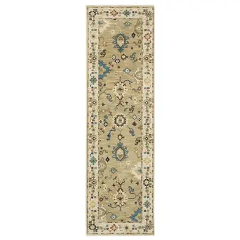 8' Beige Blue And Rust Oriental Runner Rug With Fringe