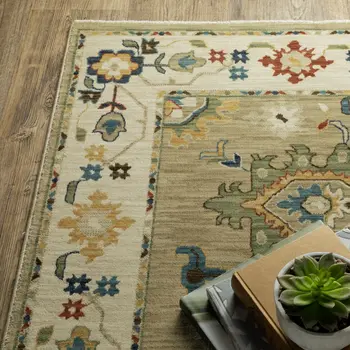 8' Beige Blue And Rust Oriental Runner Rug With Fringe
