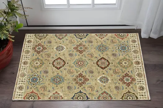 3' X 5' Tan Red And Blue Floral Area Rug With Fringe