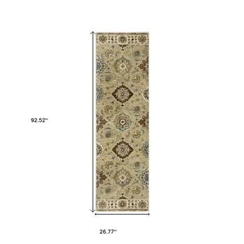 8' Tan Blue And Brown Floral Runner Rug With Fringe