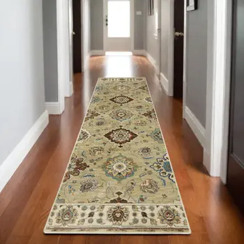 8' Tan Blue And Brown Floral Runner Rug With Fringe