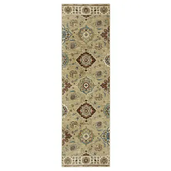 8' Tan Blue And Brown Floral Runner Rug With Fringe