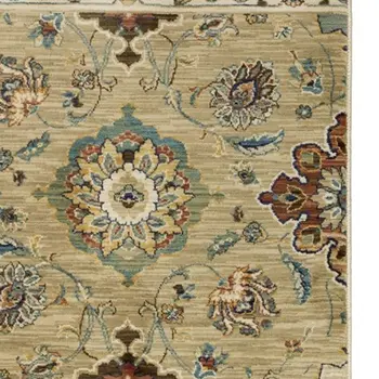 8' Tan Blue And Brown Floral Runner Rug With Fringe