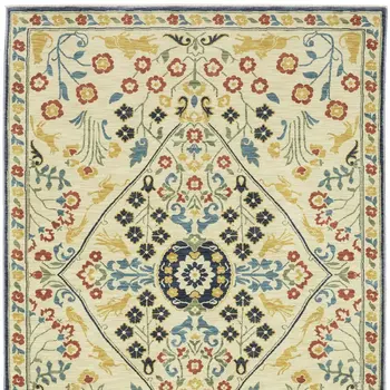 3' X 5' Ivory Blue And Burnt Orange Oriental Area Rug With Fringe