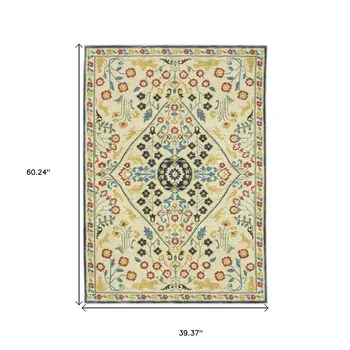 3' X 5' Ivory Blue And Burnt Orange Oriental Area Rug With Fringe