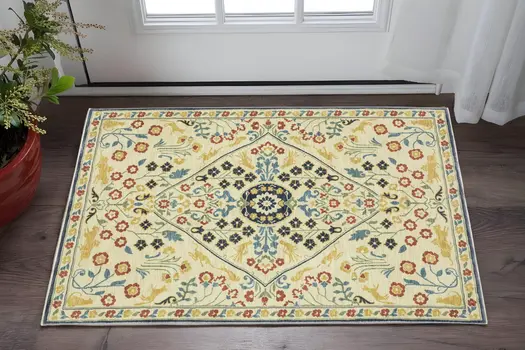 3' X 5' Ivory Blue And Burnt Orange Oriental Area Rug With Fringe