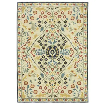 3' X 5' Ivory Blue And Burnt Orange Oriental Area Rug With Fringe