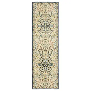 8' Ivory Blue And Burnt Orange Oriental Runner Rug With Fringe