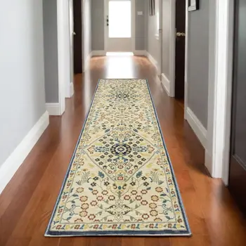 8' Ivory Blue And Burnt Orange Oriental Runner Rug With Fringe