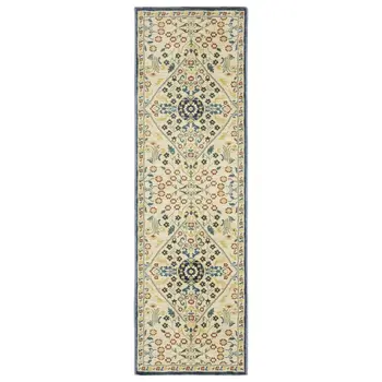 8' Ivory Blue And Burnt Orange Oriental Runner Rug With Fringe