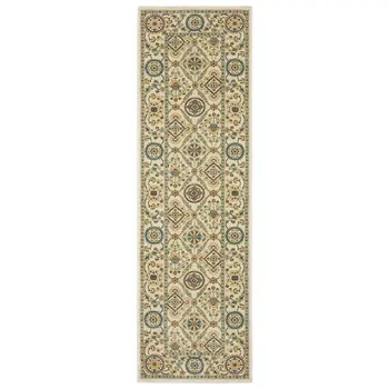 8' Ivory Blue And Burnt Orange Oriental Runner Rug With Fringe