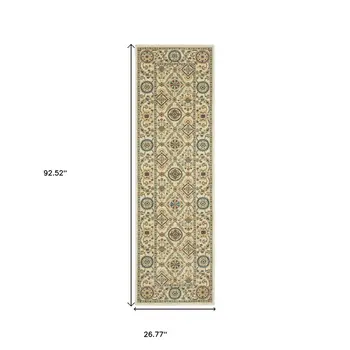 8' Ivory Blue And Burnt Orange Oriental Runner Rug With Fringe