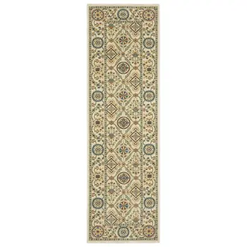 8' Ivory Blue And Burnt Orange Oriental Runner Rug With Fringe