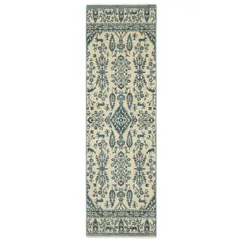 8' Ivory And Blue Oriental Runner Rug With Fringe
