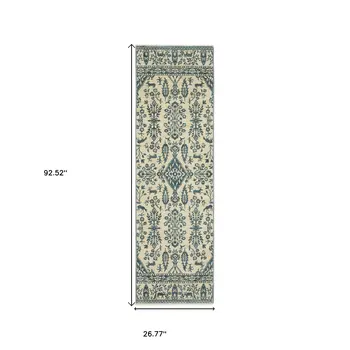 8' Ivory And Blue Oriental Runner Rug With Fringe