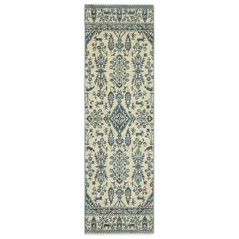8' Ivory And Blue Oriental Runner Rug With Fringe