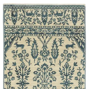 8' Ivory And Blue Oriental Runner Rug With Fringe