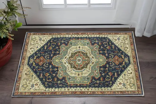 3' X 5' Blue Ivory And Gray Oriental Area Rug With Fringe