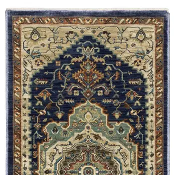 8' Blue Ivory And Gray Oriental Runner Rug With Fringe