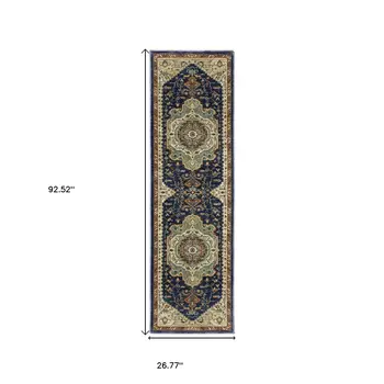 8' Blue Ivory And Gray Oriental Runner Rug With Fringe