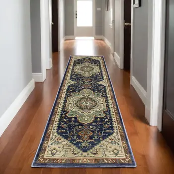 8' Blue Ivory And Gray Oriental Runner Rug With Fringe