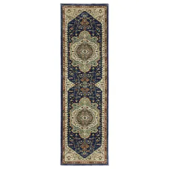 8' Blue Ivory And Gray Oriental Runner Rug With Fringe