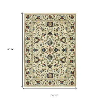3' X 5' Ivory Blue And Brown Oriental Area Rug With Fringe