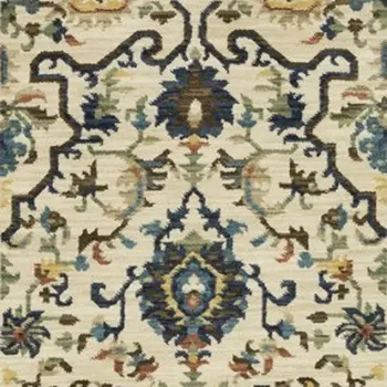 8' Ivory Blue And Brown Oriental Runner Rug With Fringe