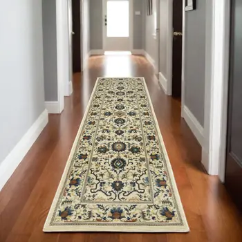 8' Ivory Blue And Brown Oriental Runner Rug With Fringe