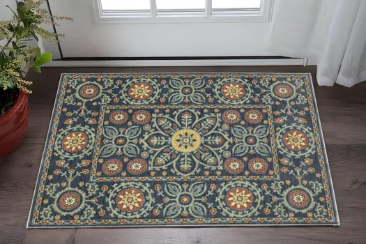 3' X 5' Blue And Rust Medallion Area Rug With Fringe