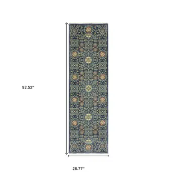8' Blue And Rust Medallion Runner Rug With Fringe