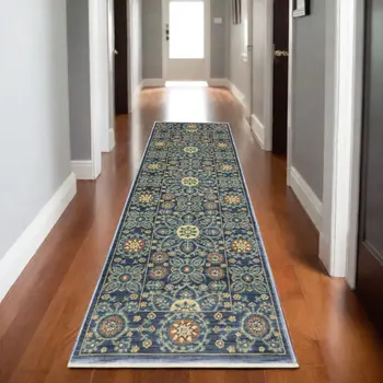 8' Blue And Rust Medallion Runner Rug With Fringe