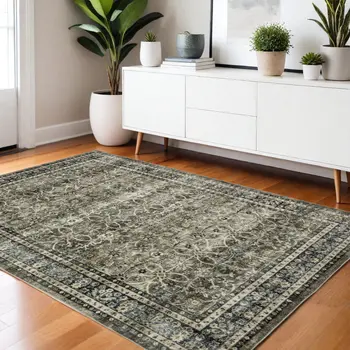 4' X 6' Charcoal And Blue Oriental Distressed Area Rug