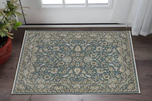 2' X 3' Blue And Beige Oriental Area Rug With Fringe
