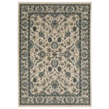 2' X 3' Beige And Blue Oriental Area Rug With Fringe