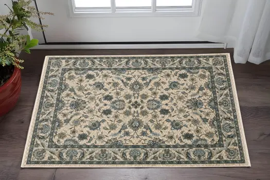 2' X 3' Beige And Blue Oriental Area Rug With Fringe
