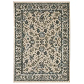 2' X 3' Beige And Blue Oriental Area Rug With Fringe