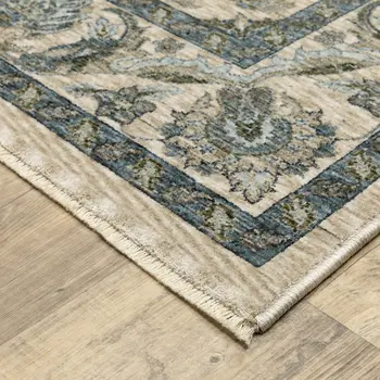 2' X 3' Beige And Blue Oriental Area Rug With Fringe