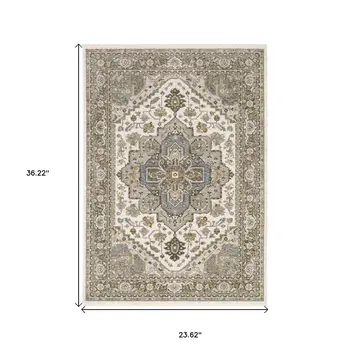 2' X 3' Ivory And Gold Medallion Distressed Area Rug With Fringe