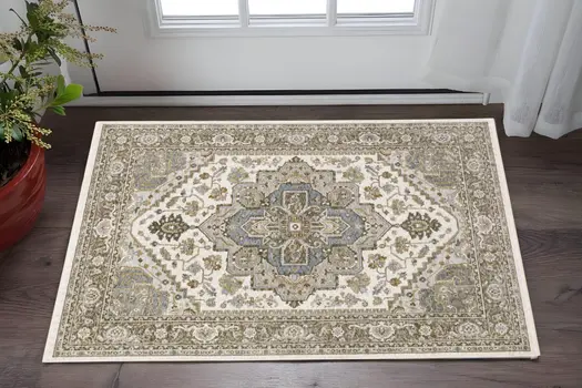 2' X 3' Ivory And Gold Medallion Distressed Area Rug With Fringe