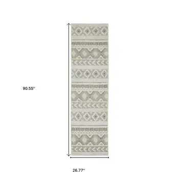8' Gray And Beige Tribal Runner Rug