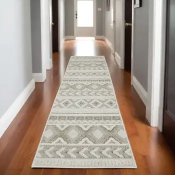 8' Gray And Beige Tribal Runner Rug
