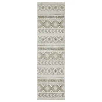 8' Gray And Beige Tribal Runner Rug