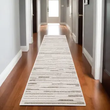 8' Ivory And Brown Striped Distressed Runner Rug