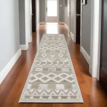 8' Beige And Gray Geometric Runner Rug