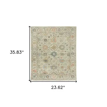2' X 3' Beige And Green Wool Oriental Hand Knotted Area Rug With Fringe