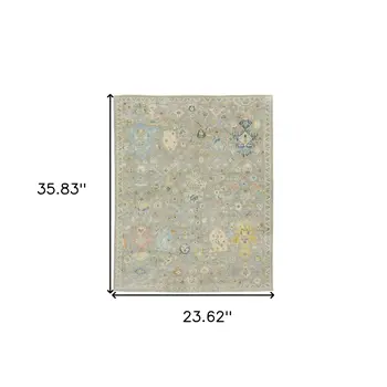 2' X 3' Gray Blue And Yellow Wool Oriental Hand Knotted Area Rug With Fringe