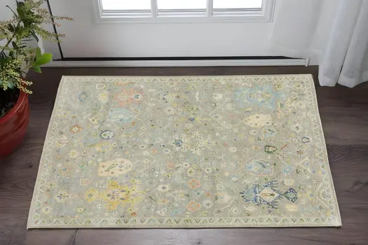 2' X 3' Gray Blue And Yellow Wool Oriental Hand Knotted Area Rug With Fringe