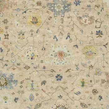 2' X 3' Beige Blue And Yellow Wool Oriental Hand Knotted Area Rug With Fringe